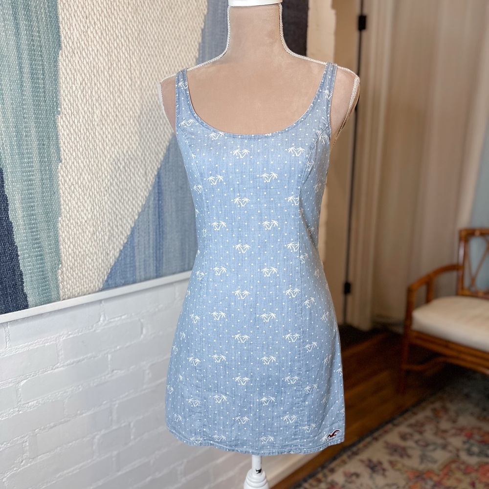Hollister Blue Denim Dress with Palm Tree Print